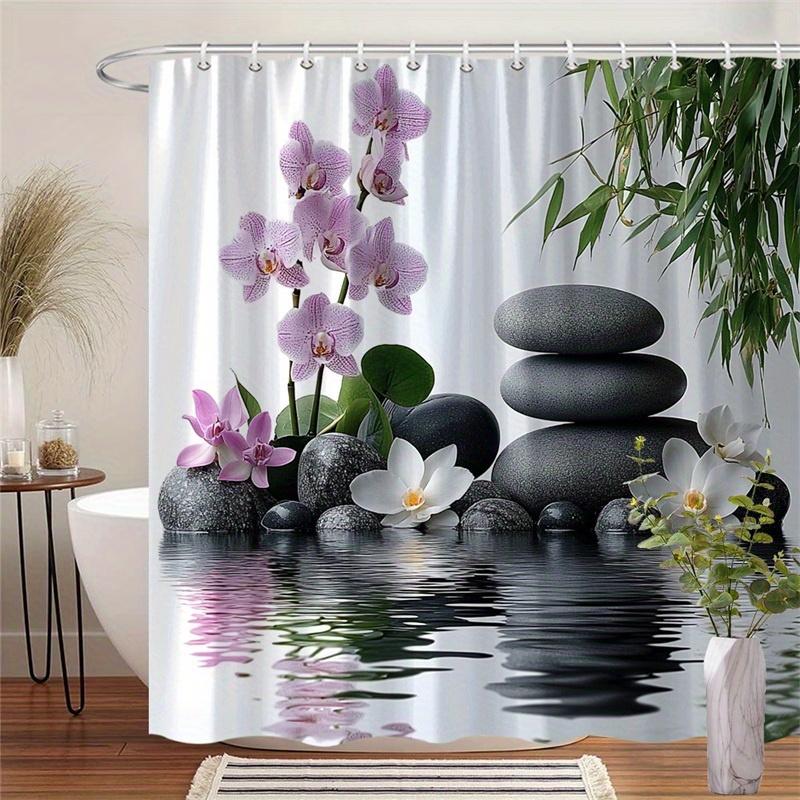 Shower Curtains Shower Curtain Luxury Zen Quiet Layered Black Stones And Elegant White Orchids On A Bright White Background