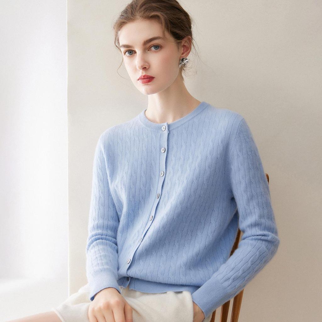 Women's Pure Cashmere Cardigan - Round Neck, Solid Color, Loose Fit, Long Sleeve Knit Sweater