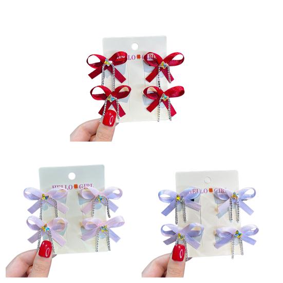 2Pcs Hairpin Soft Ribbon Bowknot Decor Smooth Edges No Hair Pulling Rhinestone Bow Chain Tassels Hair Clip Kids Hair Accessories
