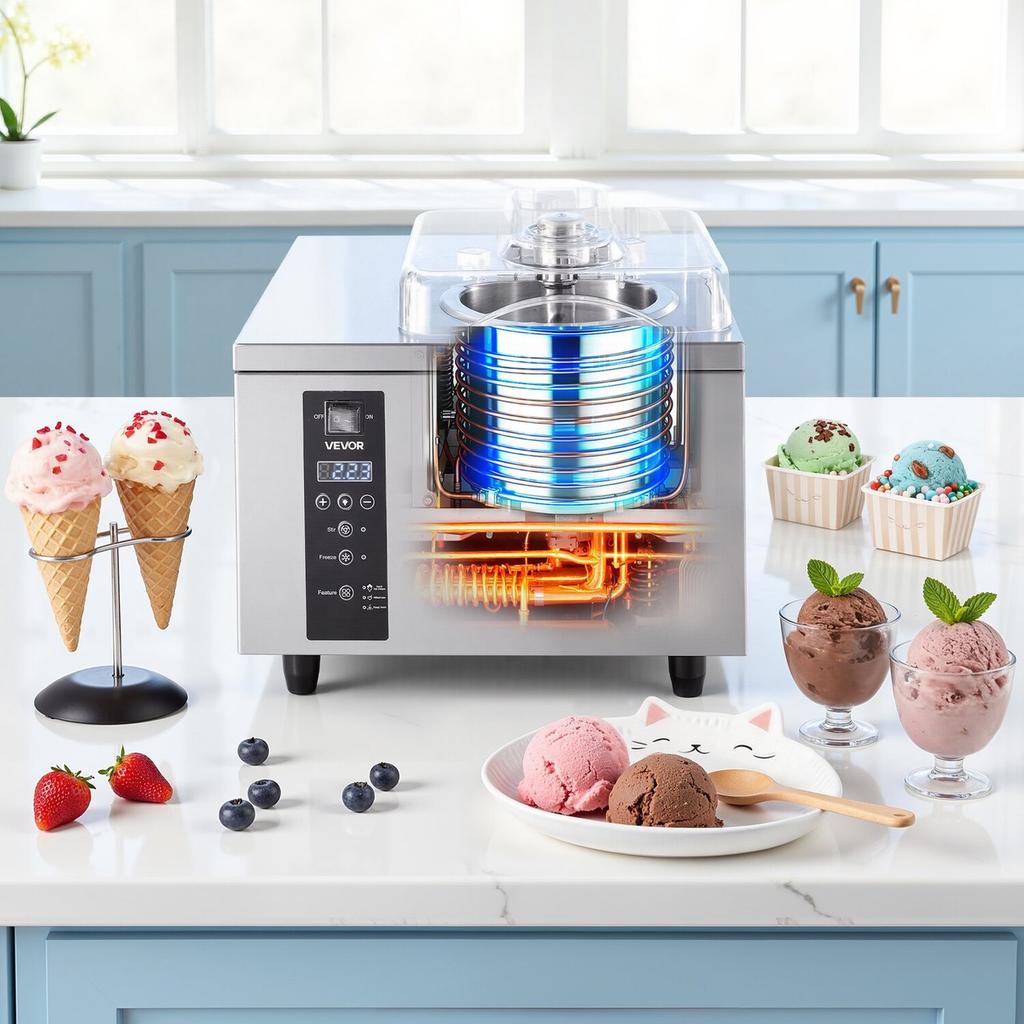 Commercial Hard Ice Cream Machine, 500W 5L per Hour, Gelato Hard Serve Ice Cream Maker with 2.8L 304 Stainless Steel Cylinder, Auto Clean LED Panel