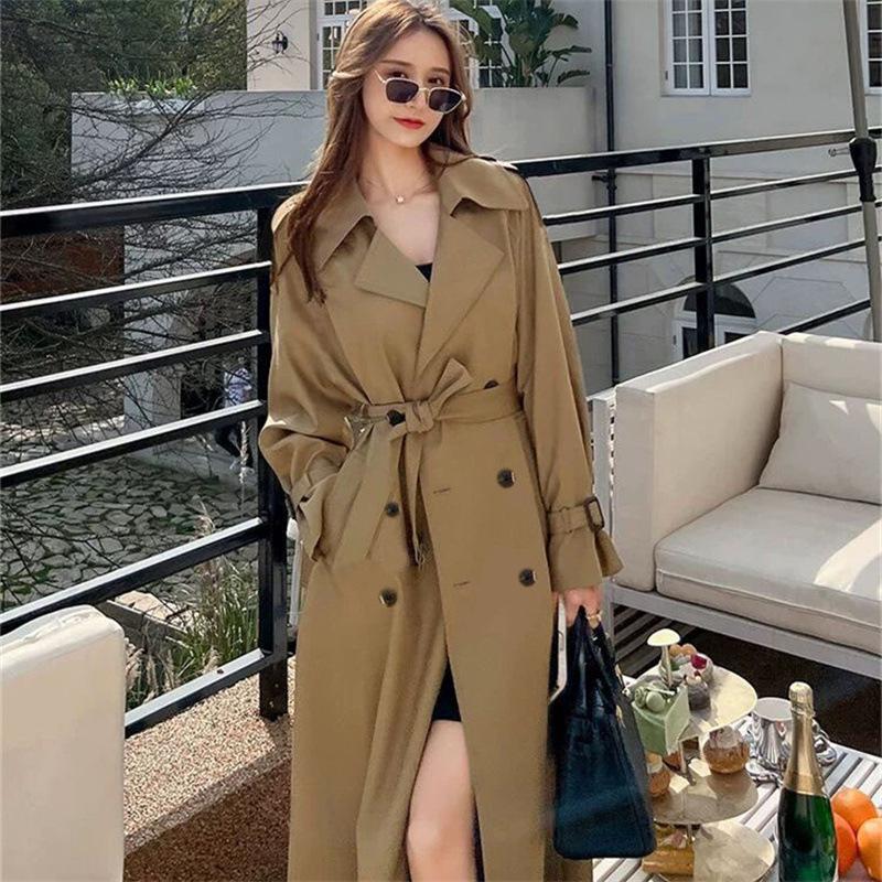 Women's Mid-Length Black Trench Coat - Korean & British Style, Plus Size & Petite, Over-the-Knee, Perfect for Spring & Autumn 2025