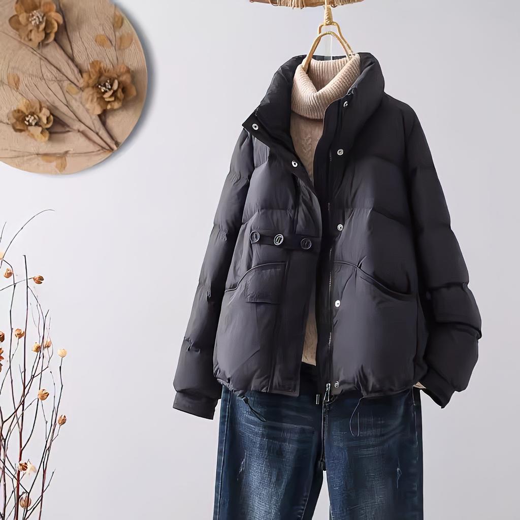 Пуховик женский короткий стоячий воротник куртка хлеб осень и зима новый дизайн пуговиц свободный белый утиный пуховик