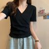 Футболка с короткими рукавами и перекрестным V-образным вырезом, женская летняя, новый дизайн, облегающий и тонкий короткий студенческий топ