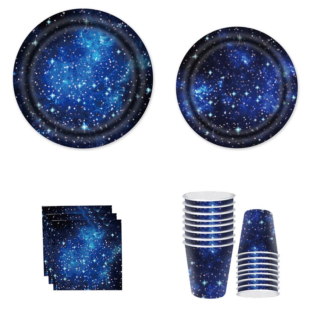 Starry Sky Theme Party Disposable Tableware Blue Night Starry Sky Plates Napkins Cups Kids Boys Happy Birthday Party Supplies
