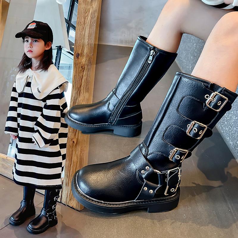 Детские модные длинные сапоги-трубы с флисом, зимние новые стильные черные джинсовые кожаные сапоги для девочек с боковой молнией, хлопковые сапоги в тренде