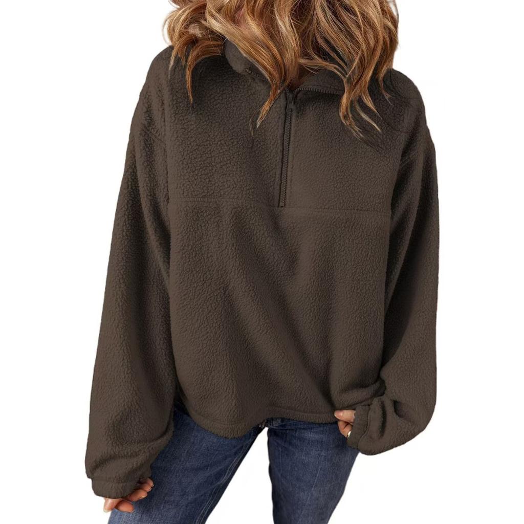 Женская мода повседневная свободная однотонная плюшевая кофта с длинным рукавом и застежкой-молнией на половину шеи