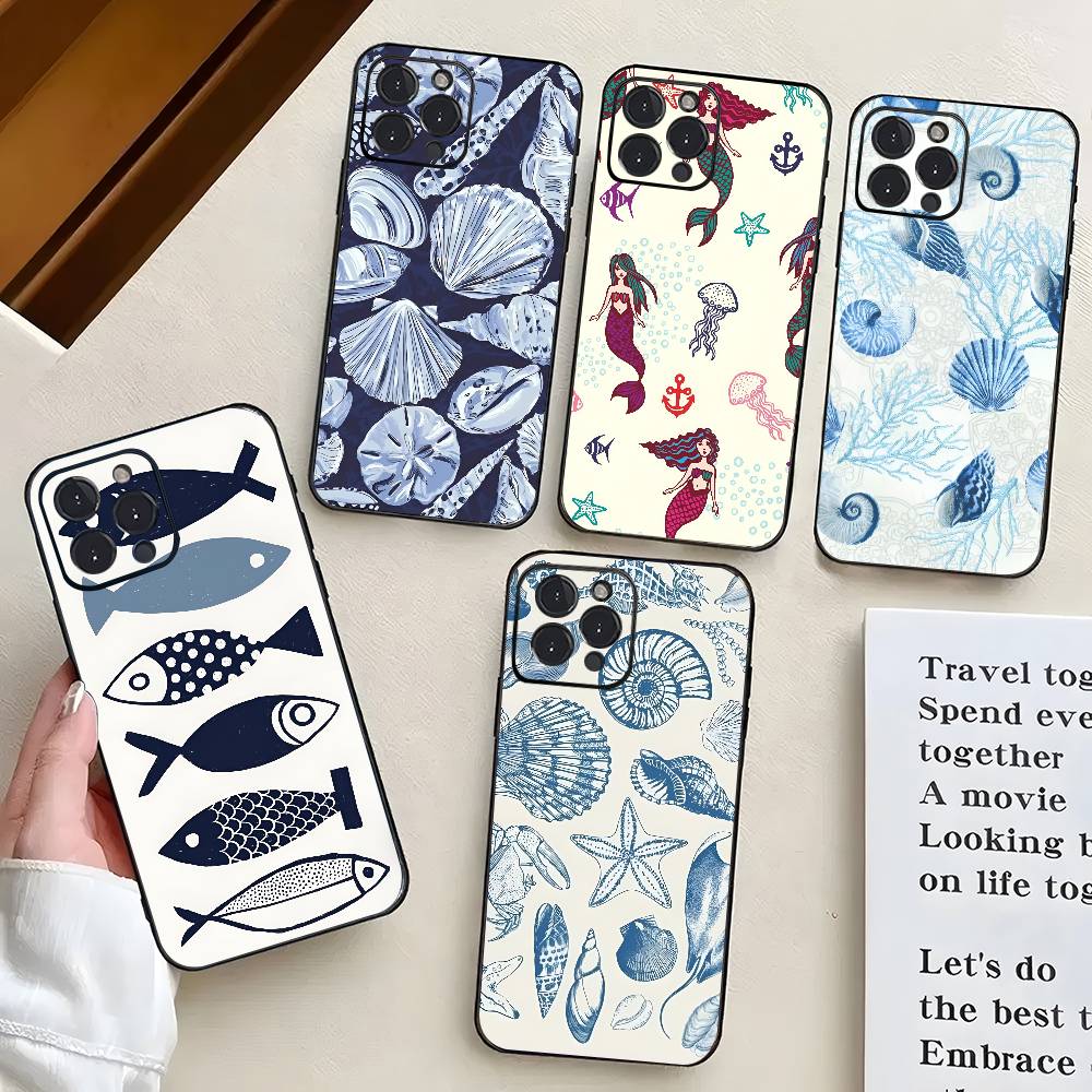 Синий Океан Для IPhone 13,17,11,12,16,14,15,Plus,Pro Max Мягкий Силиконовый Черный Чехол для Телефона
