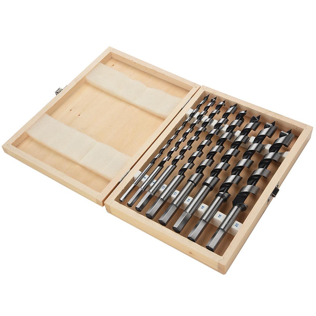 8pc Carbon Steel Auger Bit Set Wooden Case Machined Hex Shank Drill