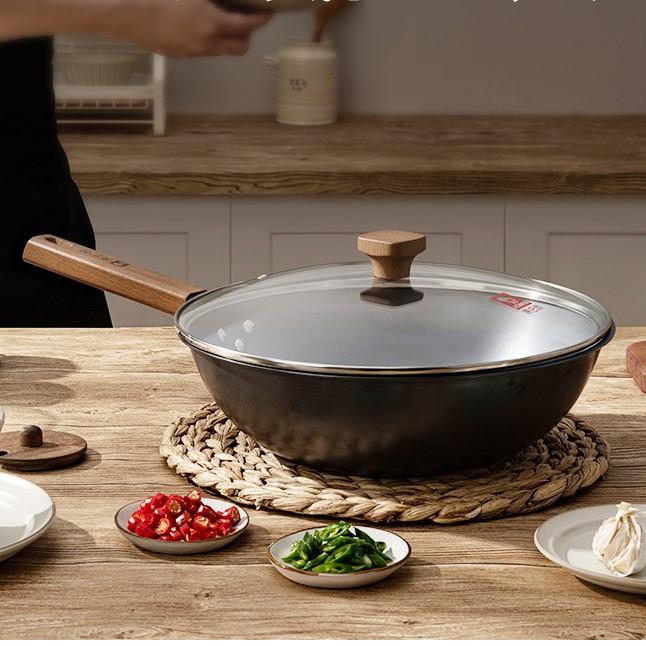 Сковорода-вок, железный вокс с плоским дном 12,5 дюйма, воки и сковороды для жарки с крышкой, вок из углеродистой стали подходят для всех плит