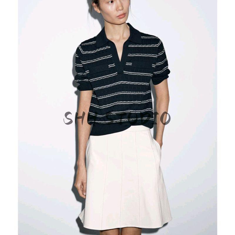 MD Summer New Arrival Women's Clothing Old Money Style Cotton Polo Shirt Collar Stripes Knitwear 5782800 5781800