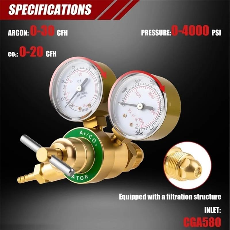 Pack of 1 Adjustable Brasses Pressure Regulator for Argon CO2 Welding Featuring CGA580 Controller and Precisions Filter