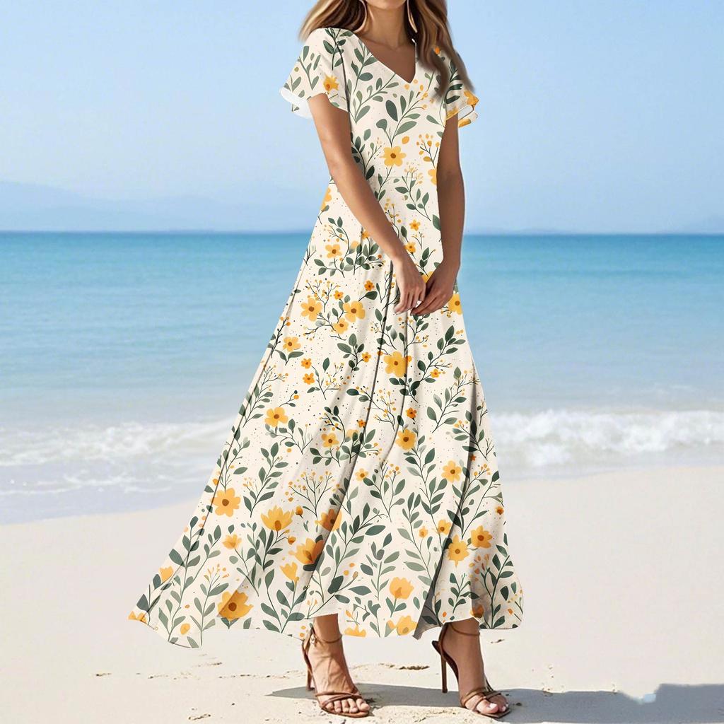 Women's Casual Fashion Print Long Dresses V-Neck Short Sleeve Dresses
