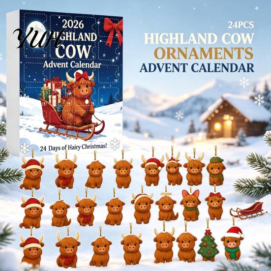 Highland Cow Advent Calendar Christmas with 24 Acrylic Ornaments, Festive Countdown Holiday Ornaments Box for Tree Hanging Decor And Seasonal