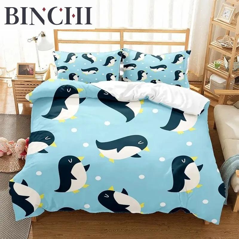 Cartoon Penguin Duvet Cover Collection For Boys Girl Animated Antarctic Animal Polyester Quilt Cover White Black King Queen Size