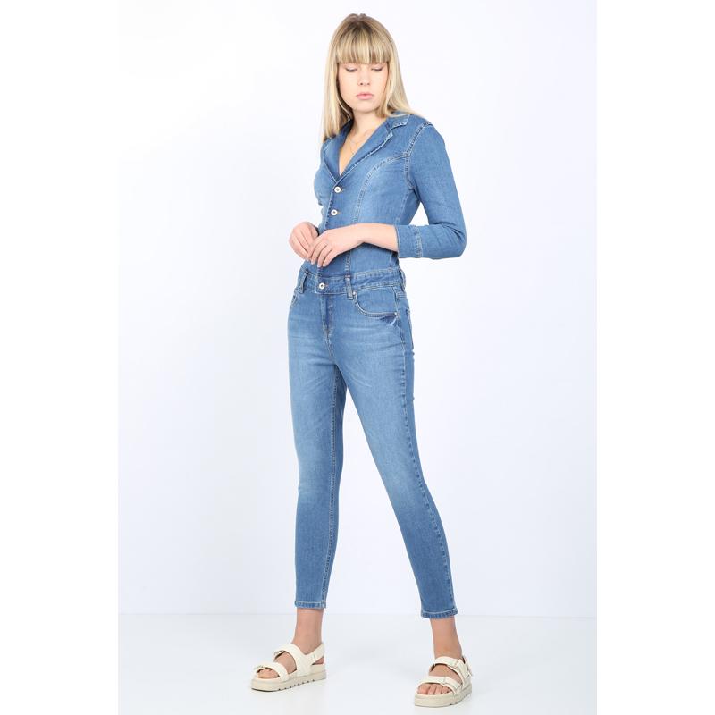 Women's Light Blue Jacket Collar Jean Jumpsuit Pants