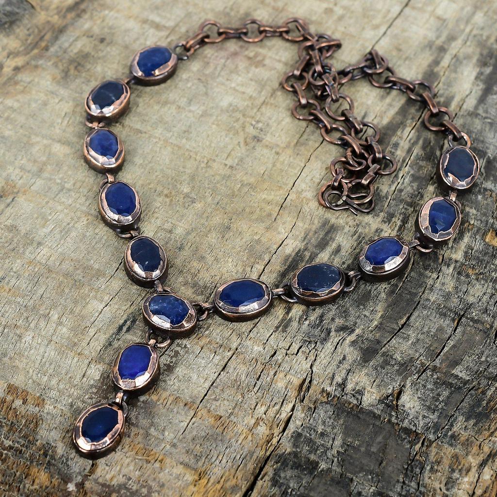 Ожерелье из граненого синего сапфира, ожерелье из электроформованной меди, украшения из драгоценных камней, ожерелье с регулируемой цепочкой, медные украшения ручной работы, подарок для нее