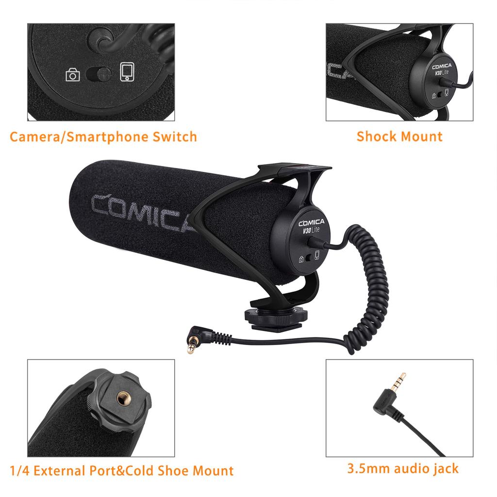 Comica CVM-V30 LITE Video Gun External Microphone for Sony, Nikon, Canon, DSLR Cameras, iPhone, and Huawei (Black)
