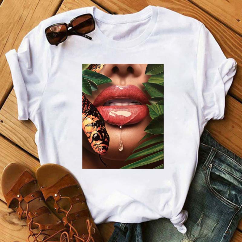 New Sexy Lips Unisex Tshirt Fashion Graphic Printed Tshirt Harajuku Ulzzang Rose Diamond Snake Lips Casual Tops Tee