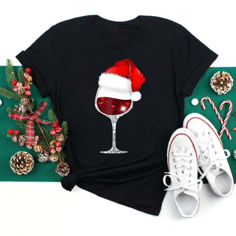 Polyester 100% New Christmas Happy Christmas Tree Santa Claus Casual and Fashionable Round-neck Short-sleeved Women's Base Tops