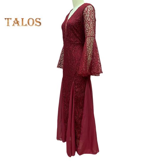 Женское вечернее платье с V-образным вырезом, прозрачной кружевной вышивкой, расклешенными рукавами, бальное платье А-силуэта, подол «рыбий хвост», облегающее коктейльное вечернее платье, выпускной, банкетное платье макси