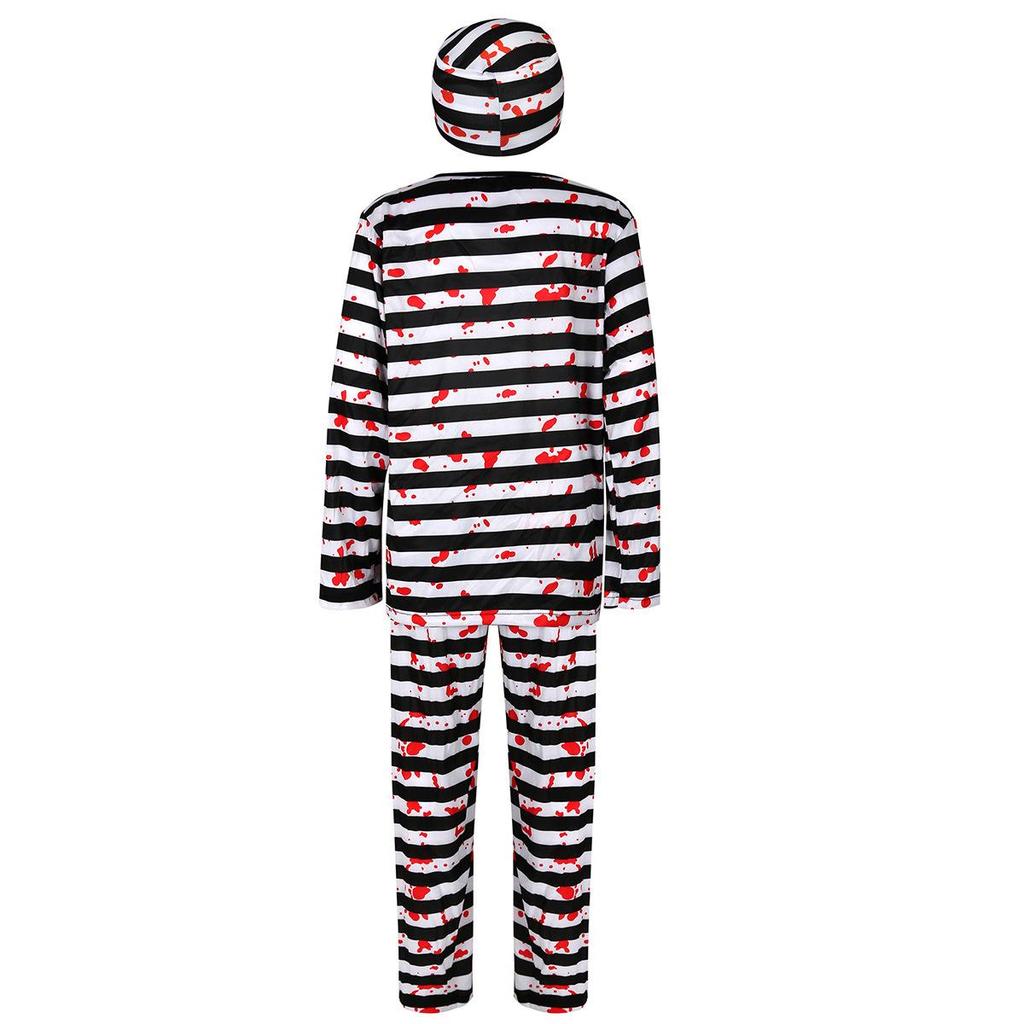 Полосатый костюм заключенного на Хэллоуин для детей и взрослых - Тема ужасов для Фестиваля призраков с дизайном пятен крови