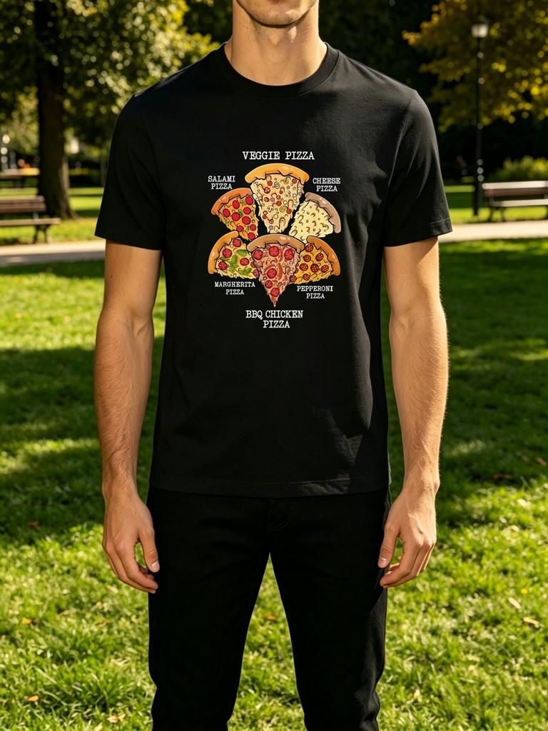 Delicious Pizza Slices Category Label Text Front Graphic Print Unisexs Crew Neck Short Sleeve Tee Casual Daily Soft Basic Wear Top