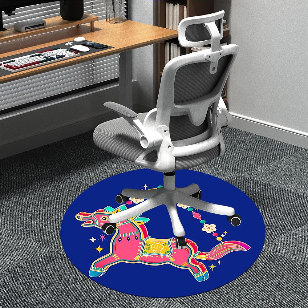 1pc Colorful Horse Ornament Chair Carpet for Office, Round Polyester Mat, Indoor Decor for Office, Easycare Fabric, Washable Non-slip Area Carpet