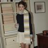 Neutral Color Block Striped Tassel Small Scarf for Women in Winter Soft Student with Wool Blended Scarf