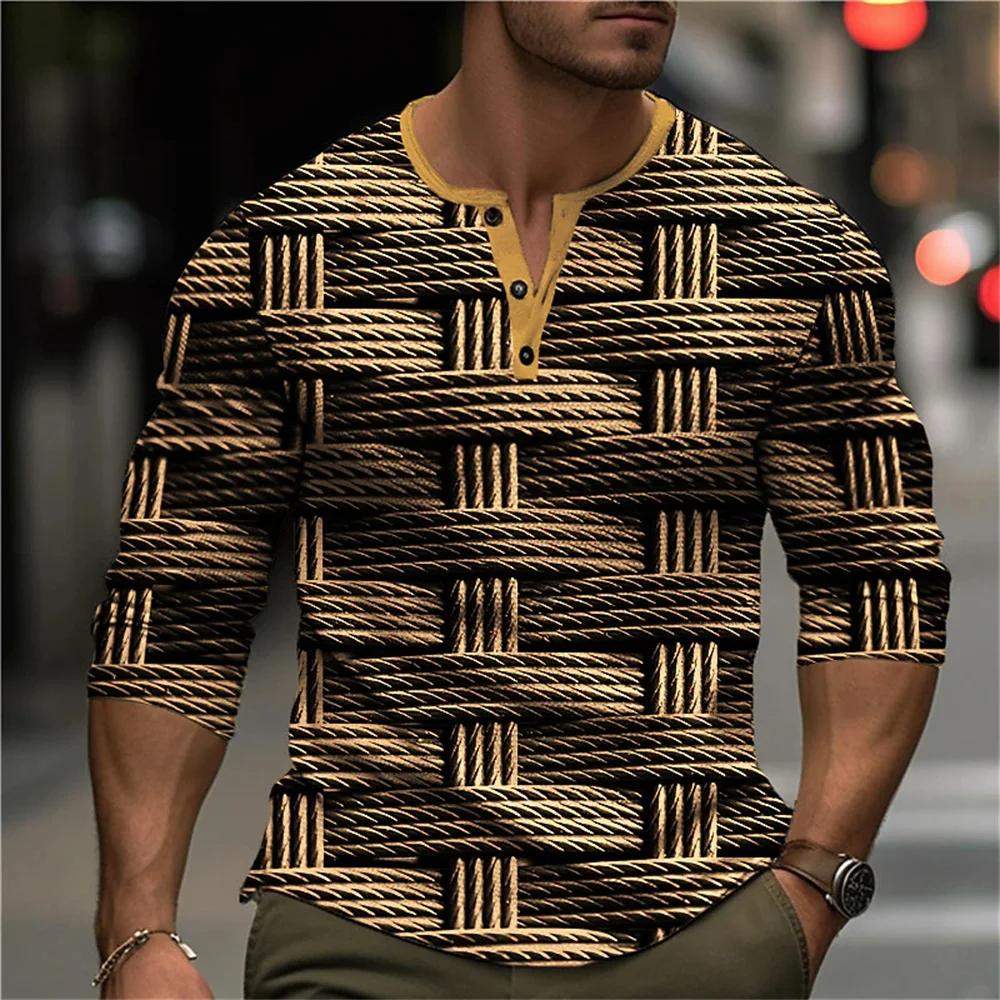 Осенняя рубашка-henley с блоками цвета и пэчворком, 3D-печать, мужская мода, винтажная, на пуговицах, с длинным рукавом, мужские футболки, топы, одежда