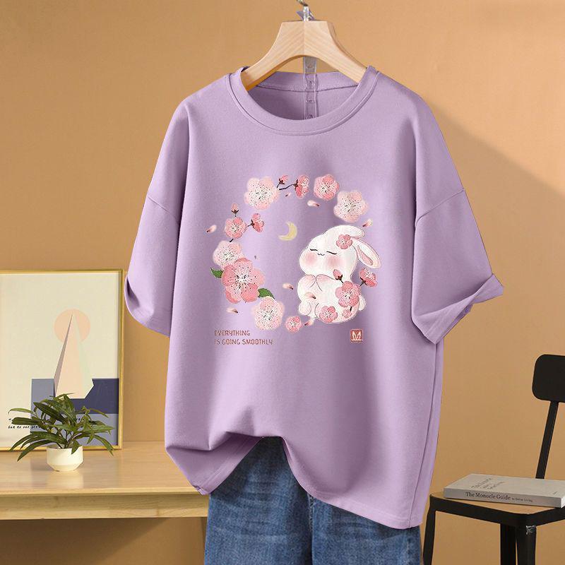 Летний повседневный топ из чистого хлопка с коротким рукавом и круглым вырезом, футболка с принтом мультяшного кролика, базовый пуловер S-5XL