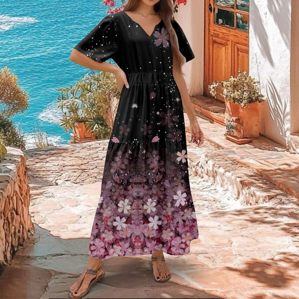 Women's  Summer Floral V Neck Maxi Dress Short Sleeve High Waist A Line Tiered Flowy Boho Vacation Dresses