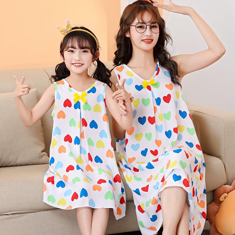 Летняя хлопковая ночная сорочка без рукавов для девочек - Пижамы для мамы и дочки в одном стиле