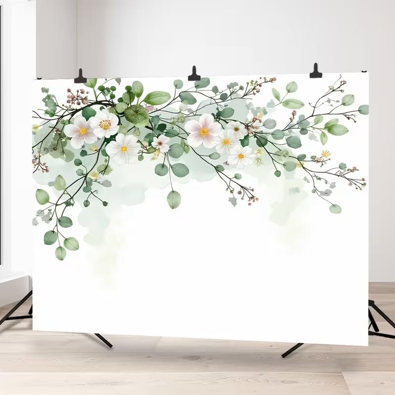 2D Watercolor Eucalyptus and White Flowers Backdrop Party Photo Background Cloth
