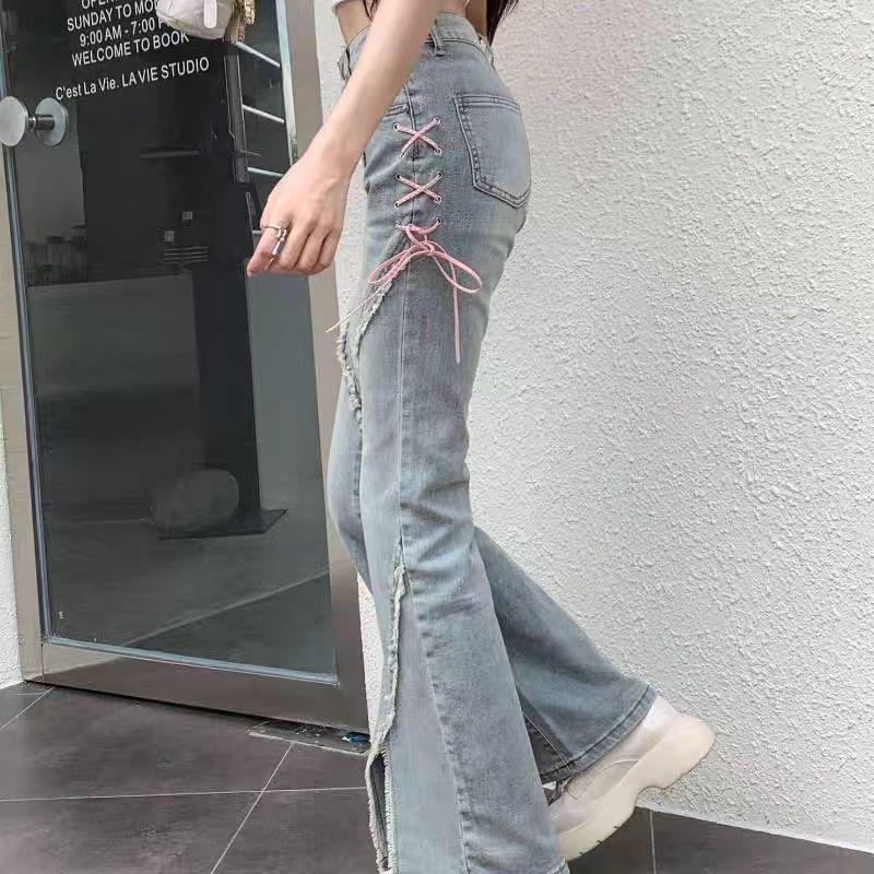 Women's 2024 Split Flare Jeans with Strap Design - American Style, Spring & Fall Casuals