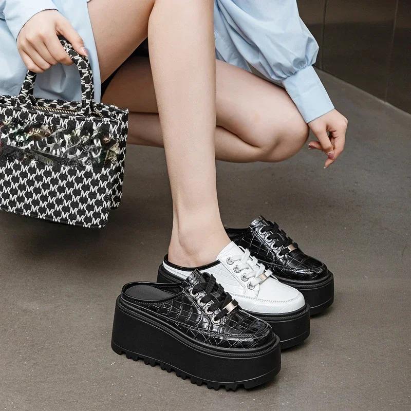 Fashion 8cm 2025 Patent Microfiber Leather Women Slipper Sandals Shoes High Brand Fashion Platform Wedge Flats Summer Lace Up