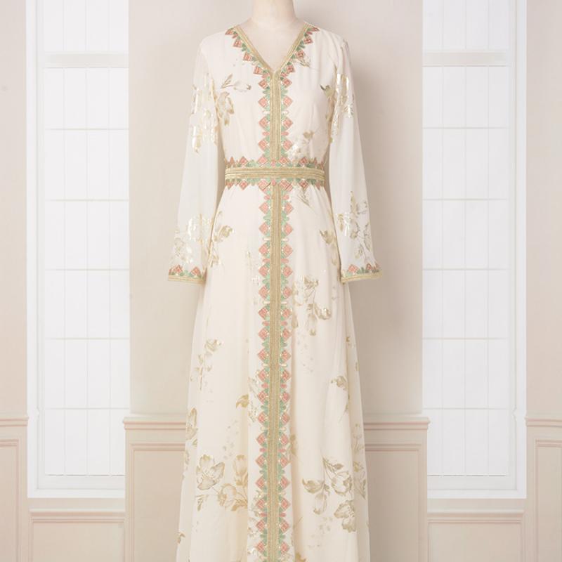 Ближневосточный мусульманский халат, женское новое кружевное модное белое платье с горячей штамповкой и вышивкой