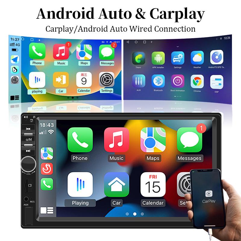 Carplay Android Auto7 Inch 1 Din Car Radio MP5 Multimedia Player Touch Screen FM ISO Power Aux Input USB Mirror Link Universal A