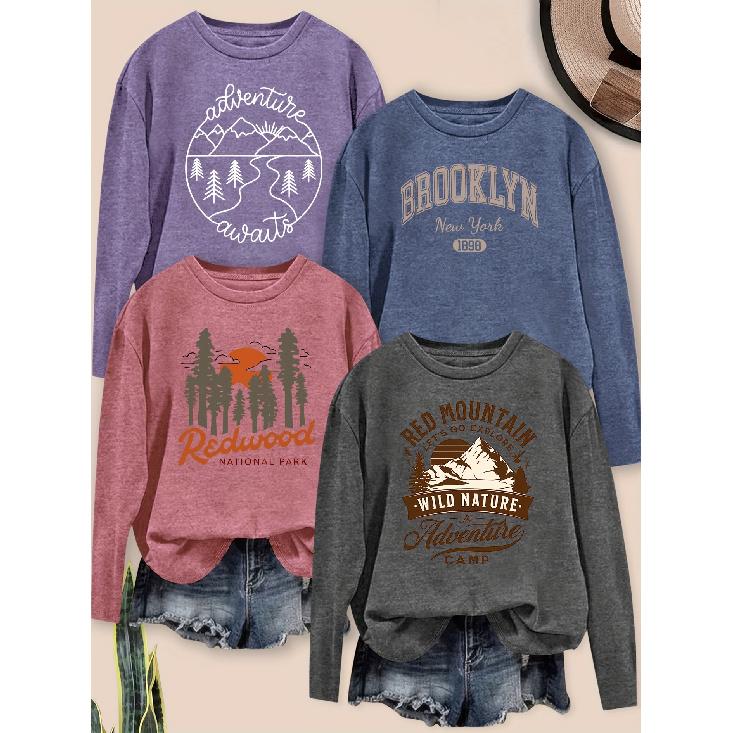 Women's Elegant Line-Shaped Scenic Letter Combination Pattern Print Round Neck Long Sleeve for Spring, Summer, Autumn, and Winter4Pieces T