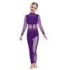 Girls Dance Performance Jumpsuit Full Body Leotard Long Sleeve Mock Neck Mesh Patchwork Keyhole Back Bodysuit