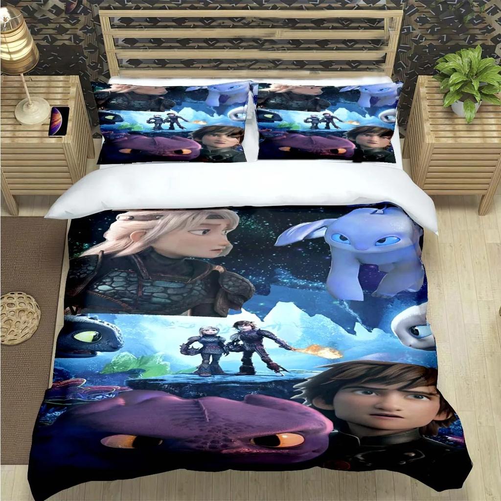 Anime-Themed Dragon Toothless Design Bedding, 3D Digital Print, All-Season Polyester Quilt Cover & 1/2 Pillowcases
