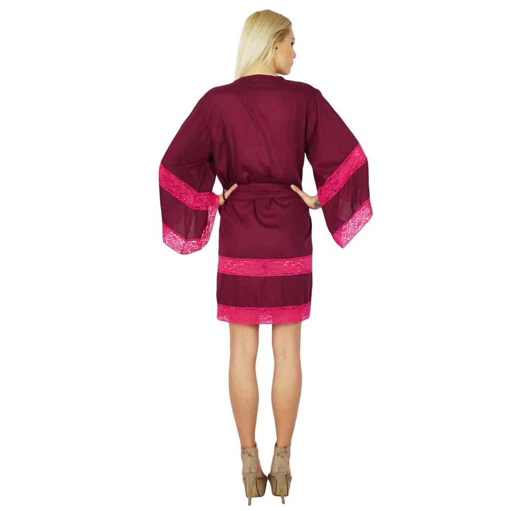 Bimba Women Rayon Kimono Sleeve Robe Bridesmaid Getting Ready Lace Coverup