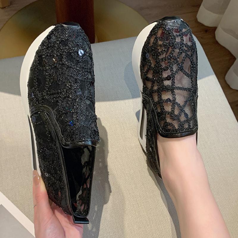 Women Fashion Sneaker Summer Sequin Lace Thick Sole Casual Mesh Round Head Shoes