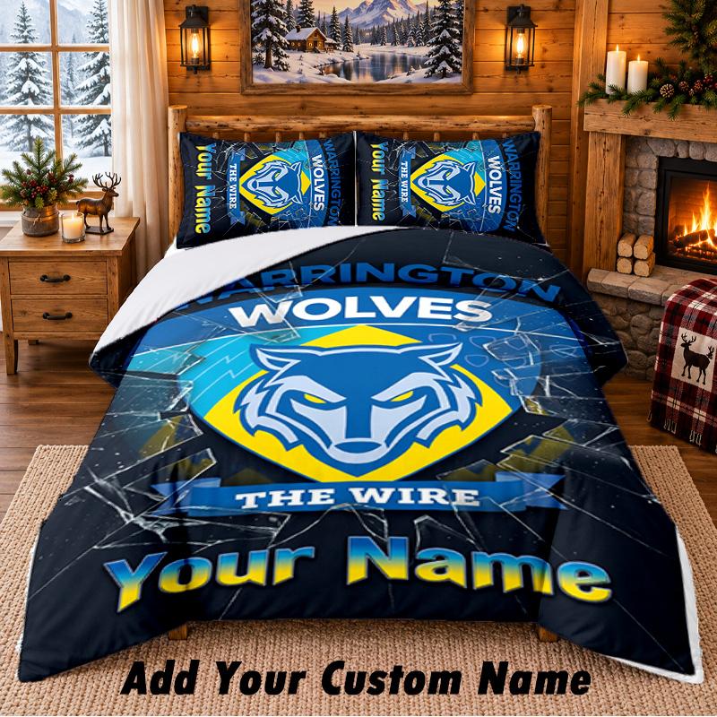 Warrington Wolves FC Pattern Bedding 3Pcs Set Custom Name, Bed Sheet And Pillowcases For Home Bedroom