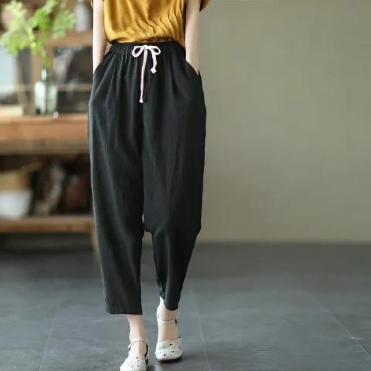 Women's Retro Cotton and Linen Casual Pants Summer Haren Pants Loose Solid Color Casual Cropped Pants