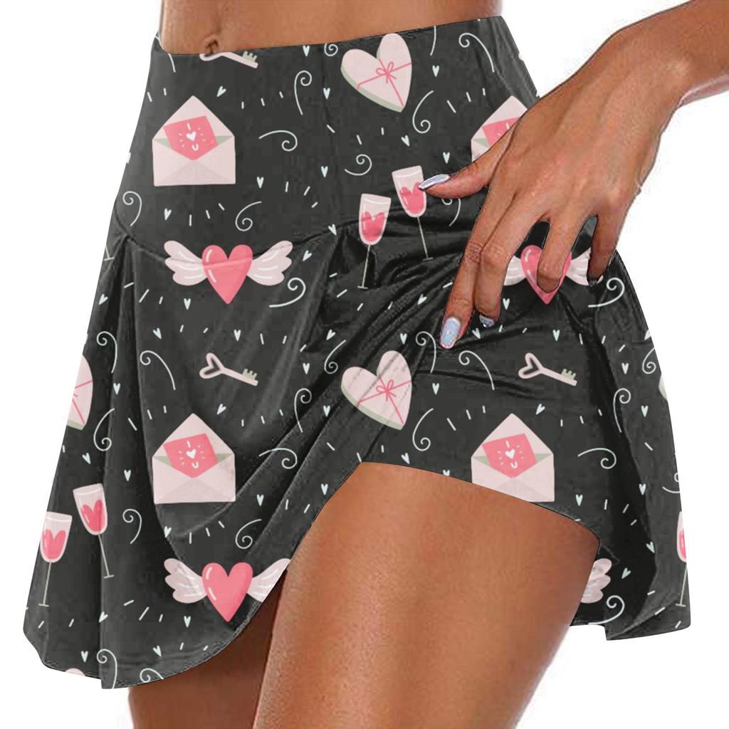 Женские спортивные эластичные плиссированные теннисные юбки с принтом ко Дню святого Валентина, внутренние шорты для занятий йогой, эластичные спортивные шорты для гольфа