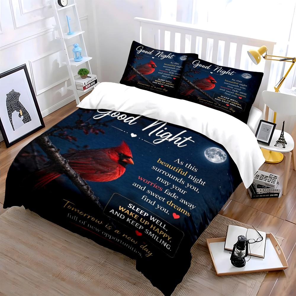 "Good Night Red Cardinal Bedding Set" Bedding set (1 duvet cover, 2 pillowcases, duvet not included)