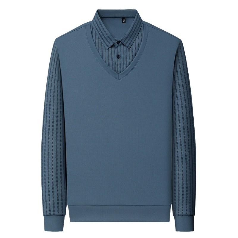 Поддельный двухсекционный трикотажный свитер, деловая повседневная футболка, свободная мужская рубашка-поло с длинными рукавами, базовая модель