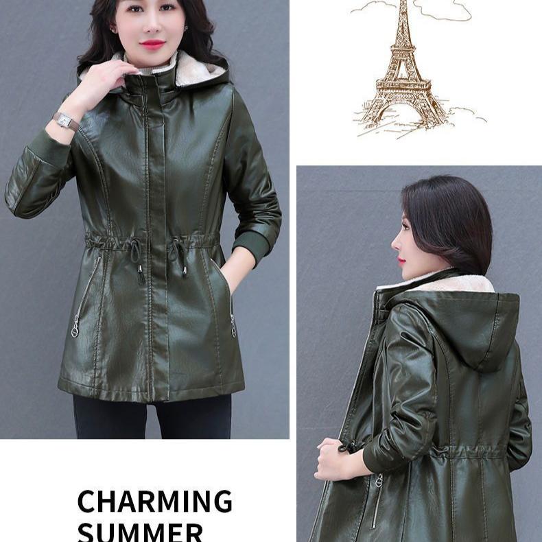 Autumn Winter Women's Fleece Leather Jacket Slim Plus Velvet Hooded Leather Biker Jacket Thick Flocked Leather Coat