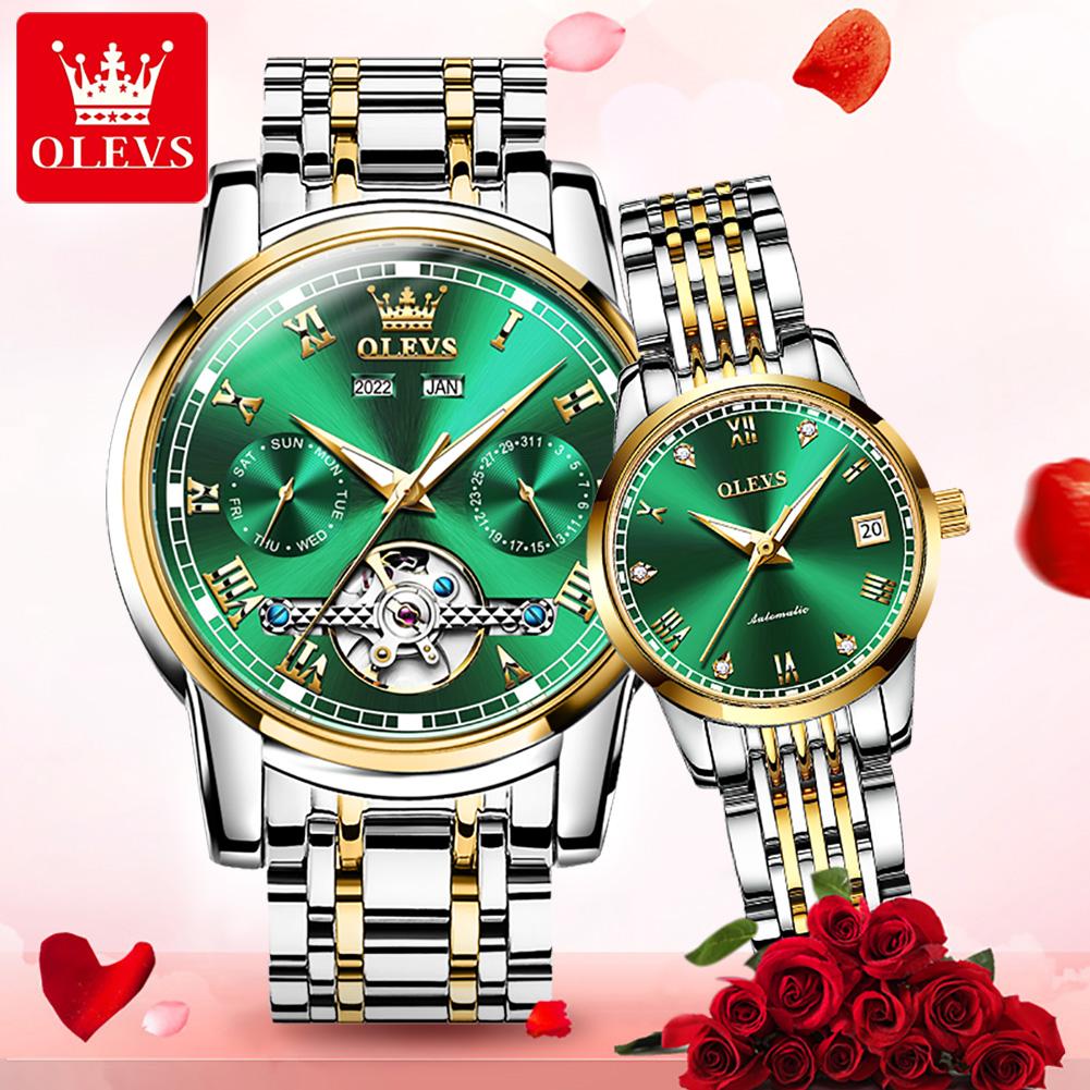 OLEVS Брендовая модная тенденция, повседневная пара механических выражений, часы для мужчин и женщин