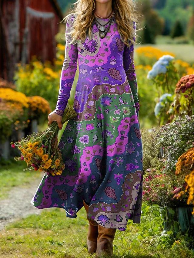 Женское среднедлинное платье в богемно-ретро стиле с принтом, А-силуэта, для отпуска